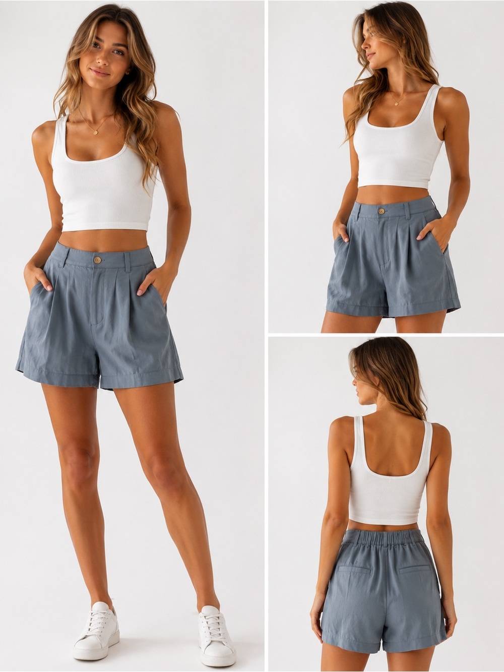 Pleated Elastic-Back Women's Bermuda Shorts in Slate Gray
